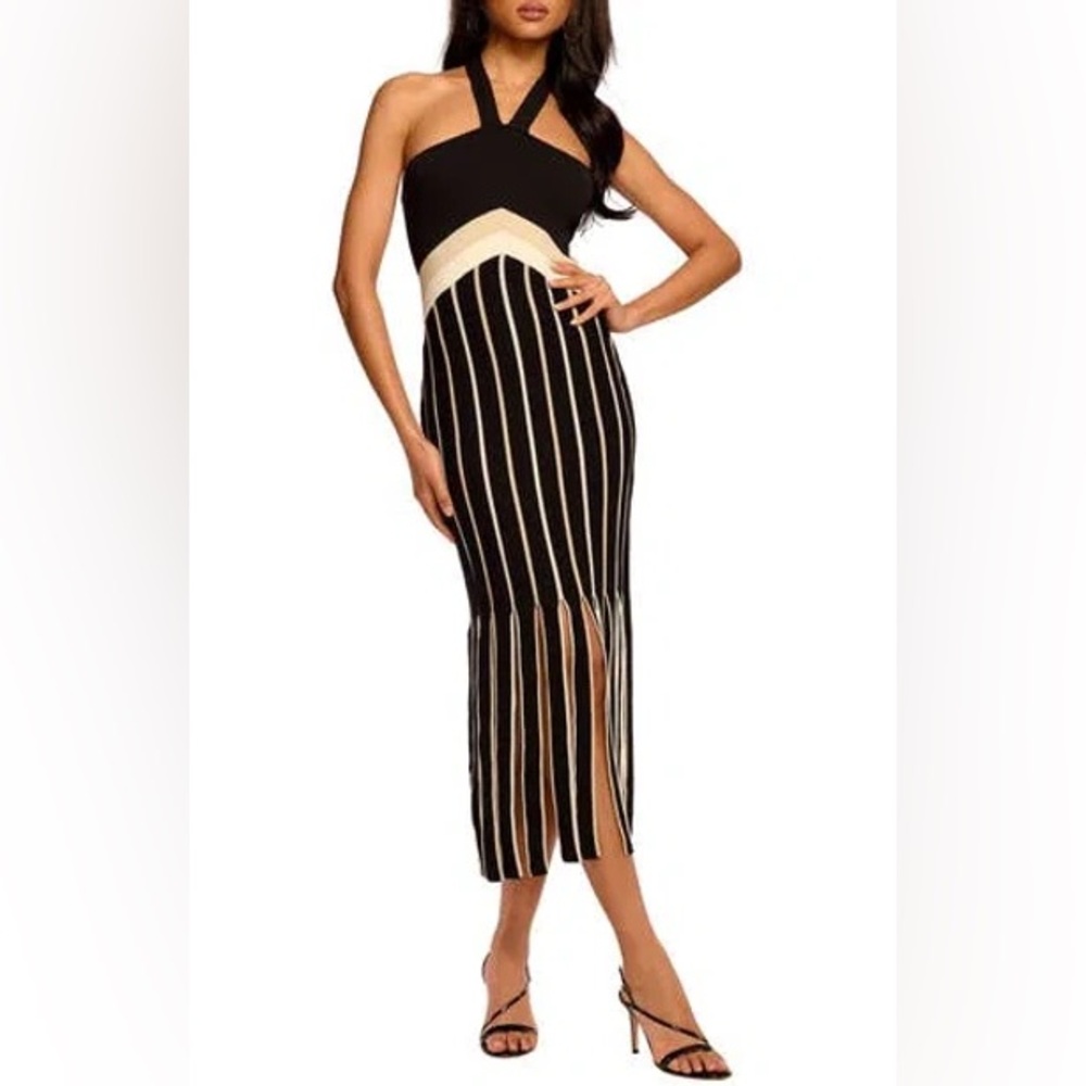 Ramy Brook Campbell Halter Midi Sweater Dress -  Black and Cream Midi Dress